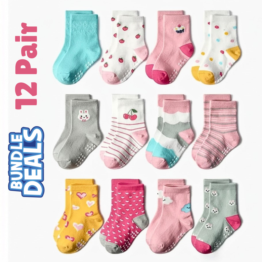 BASIQ Trendy 12 pair Bundle Anti Slip Combed Cotton kids socks for Girls 0-3 years