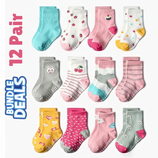 BASIQ Trendy 12 pair Bundle Anti Slip Combed Cotton kids socks for Girls 0-3 years