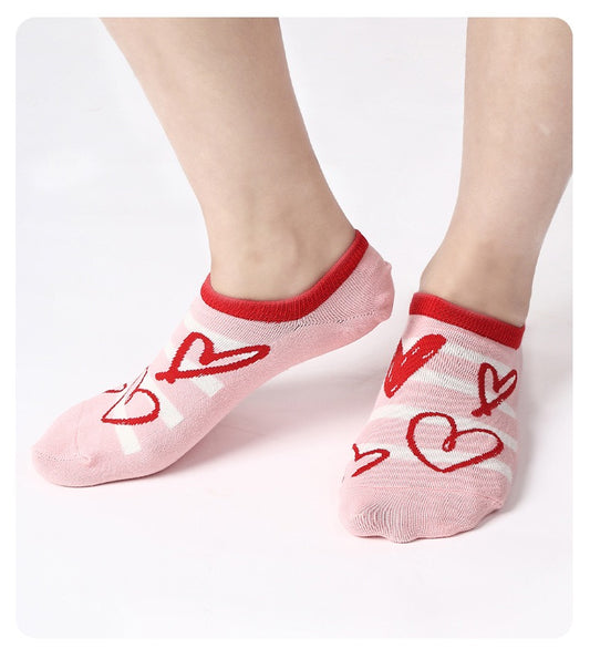 BASIQ Women's pink Hearts No-Show Socks – Non-Slip Cotton Invisible Socks