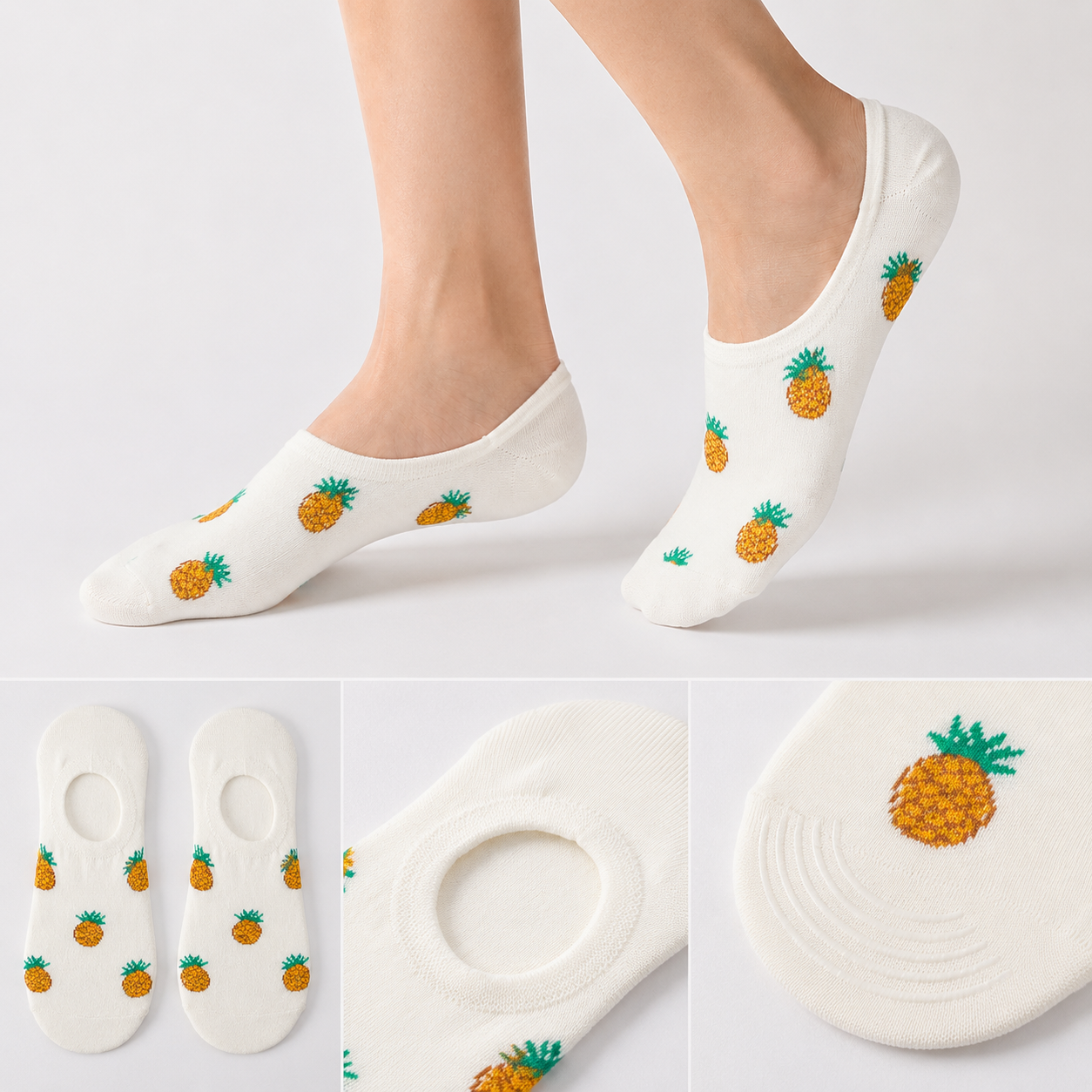 BASIQ Women's Pineapple Pattern No-Show Socks – Non-Slip Invisible Cotton Boat Socks