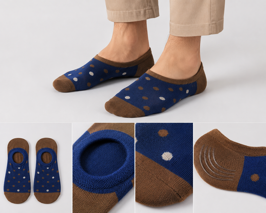 BASIQ Navy Blue Brown No-Show Socks – Non-Slip Invisible Cotton Boat Socks