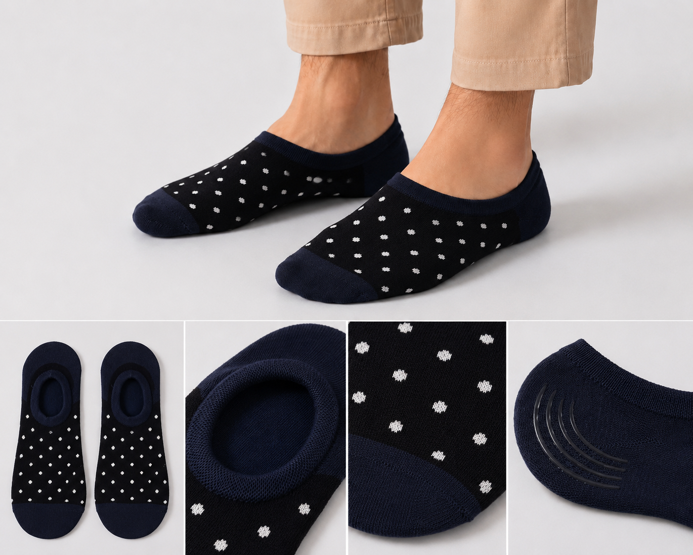 BASIQ Mid Night Polka dot No-Show Socks – Non-Slip Invisible Cotton Boat Socks
