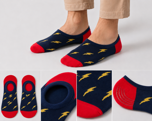 BASIQ Blue Red Thunder Polka dot No-Show Socks – Non-Slip Invisible Cotton Boat Socks