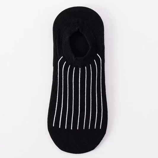 BASIQ Retro Black White lines No-Show Socks – Non-Slip Invisible Cotton Boat Socks