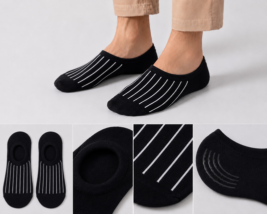 BASIQ Retro Black White lines No-Show Socks – Non-Slip Invisible Cotton Boat Socks