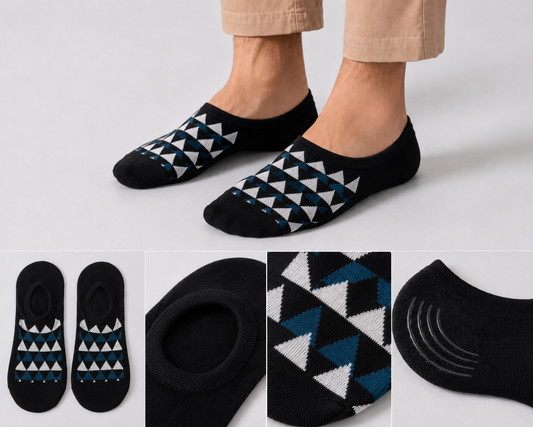 BASIQ Retro Black Diamond Pattern No-Show Socks – Non-Slip Invisible Cotton Boat Socks