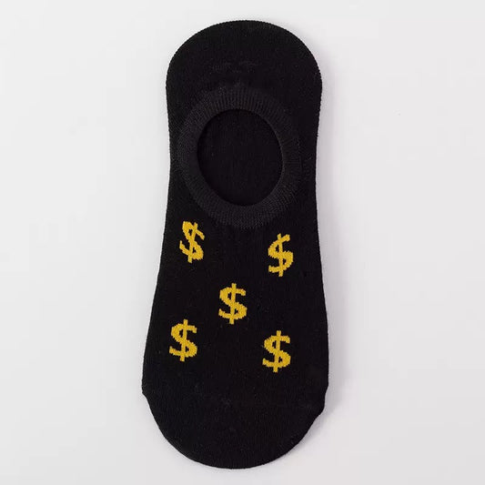 BASIQ Dollar Pattern Black No-Show Socks – Non-Slip Invisible Cotton Boat Socks