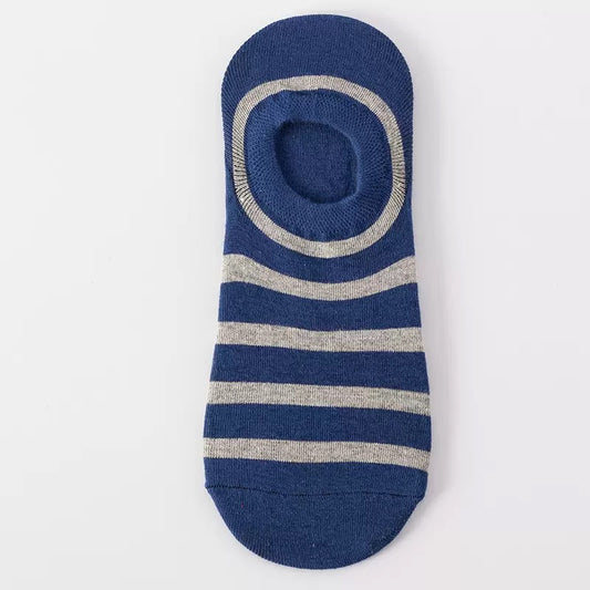 BASIQ Retro Blue gray stripe No-Show Socks – Non-Slip Invisible Cotton Boat Socks