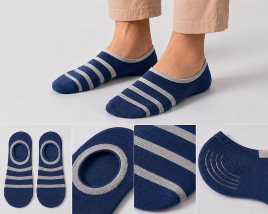 BASIQ Retro Blue gray stripe No-Show Socks – Non-Slip Invisible Cotton Boat Socks