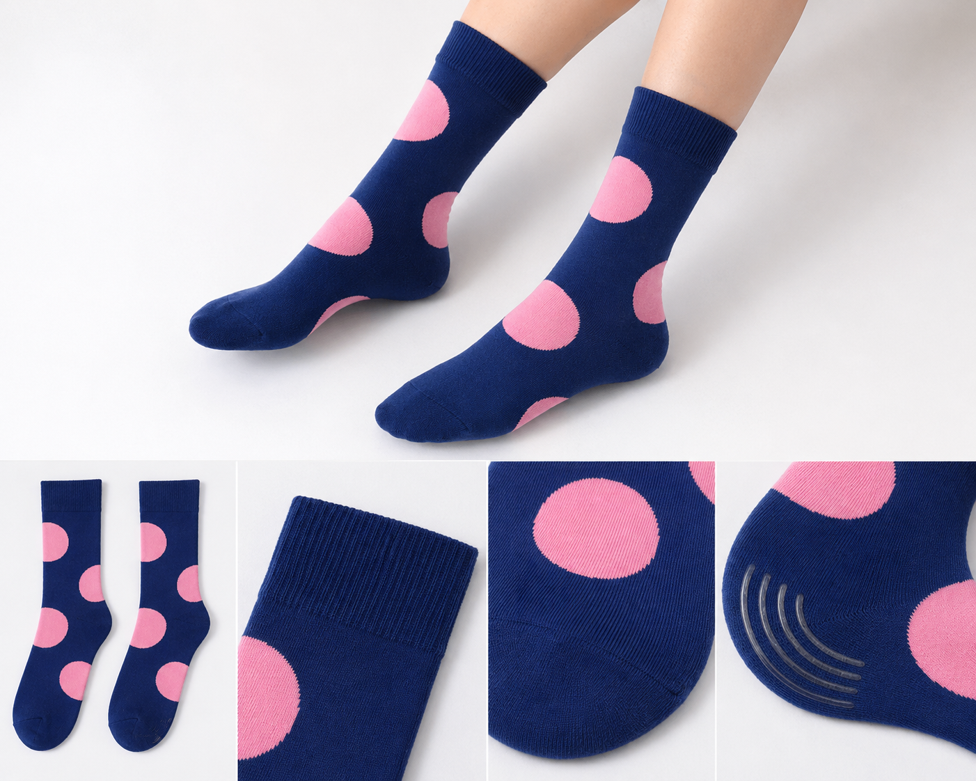 BASIQ Unisex Navy Pink Polka Dot Crew socks - Combed Cotton, Seamless Design