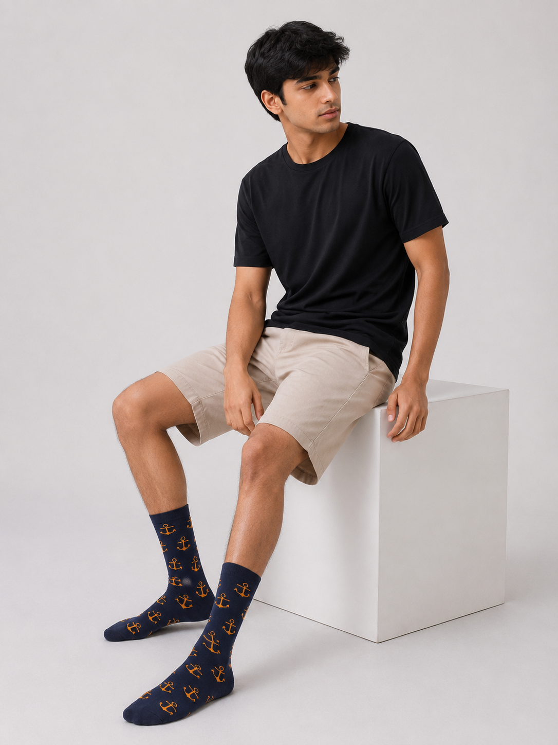BASIQ Nautical Anchor Crew Socks – Navy Blue & Orange