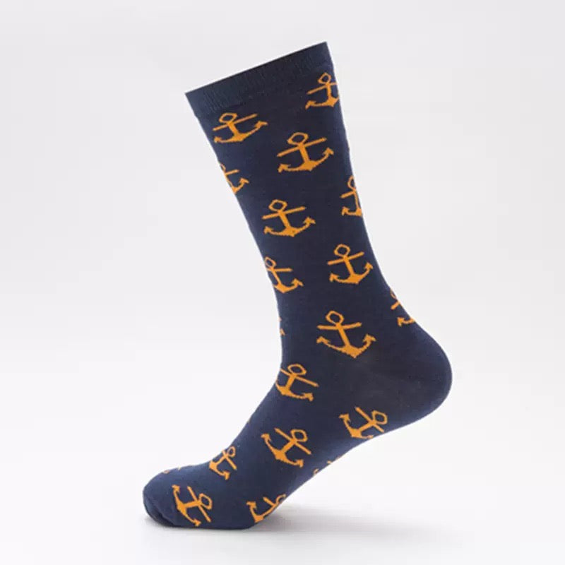 BASIQ Nautical Anchor Crew Socks – Navy Blue & Orange