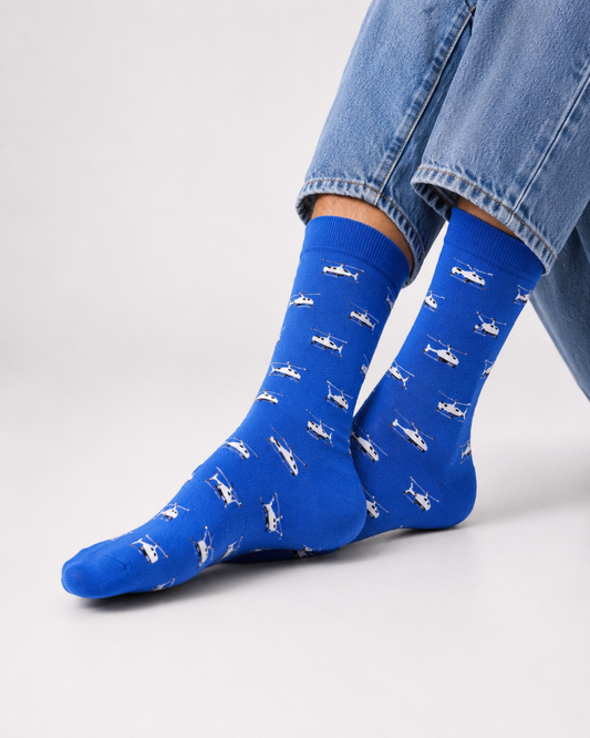 BASIQ Sky Patrol Crew Socks – Royal Blue Helicopter