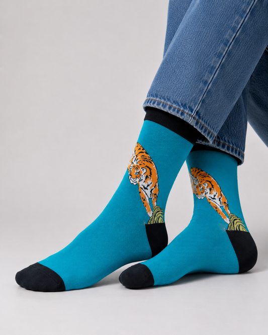 BASIQ Wild Tiger Crew Socks – Turquoise Blue