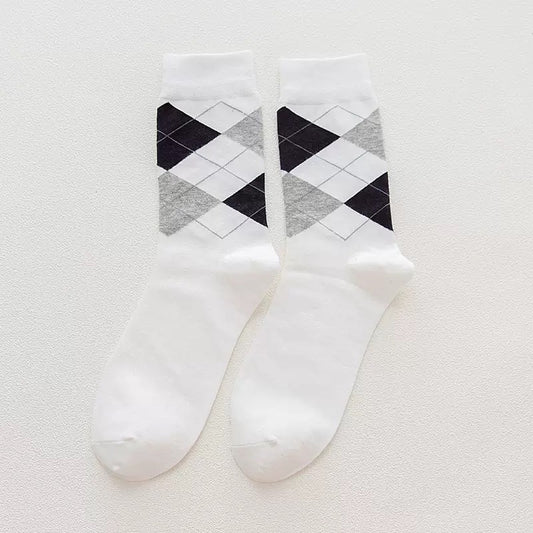 BASIQ Classic Argyle Crew Socks – White & Charcoal