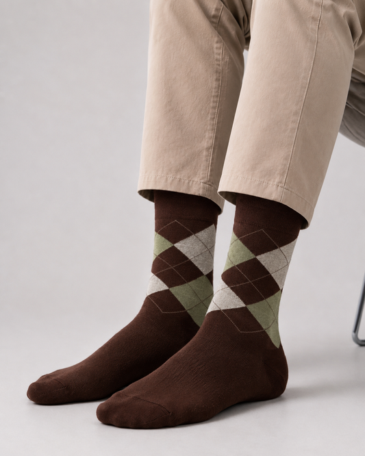 BASIQ Classic Argyle Crew Socks – Coffee Brown & Sage
