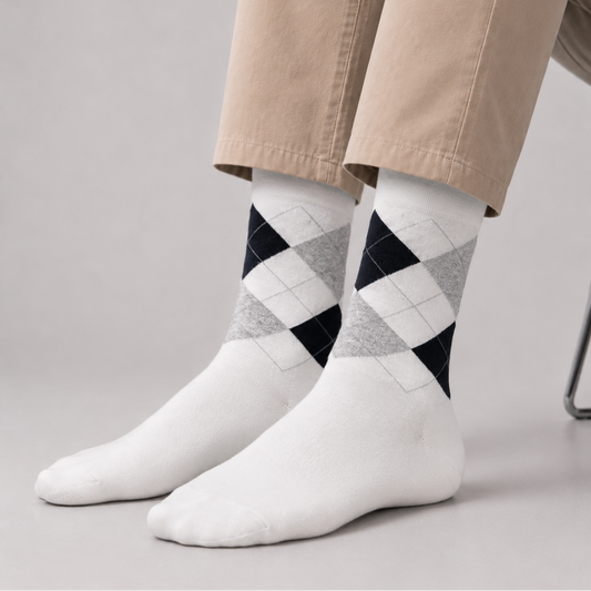 BASIQ Classic Argyle Crew Socks – White & Charcoal