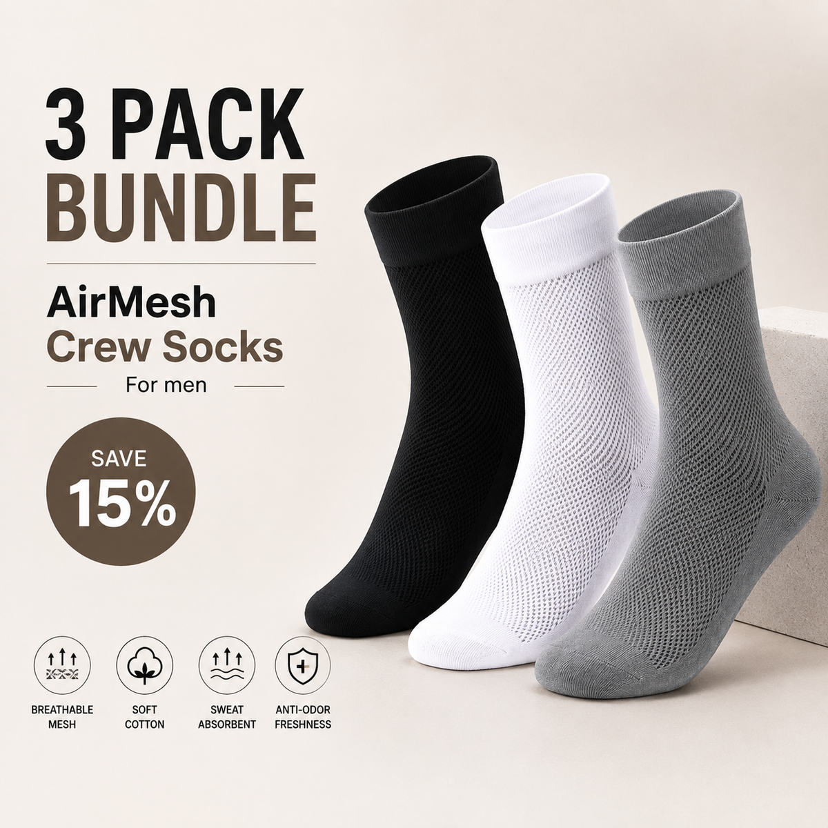3 Pair BASIQ bundle - Airmesh Crew Solid Socks - Men