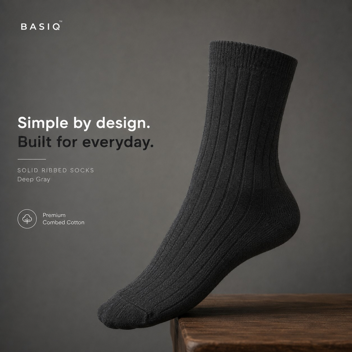 5 Pair BASIQ Bundle - Antibacterial Ribbed Combed Cotton Crew Socks - For Men