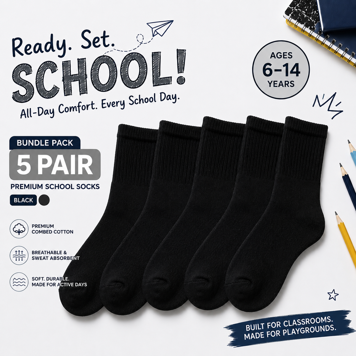 BASIQ School Socks — 5 Pair Bundle | black | Ages 6–14