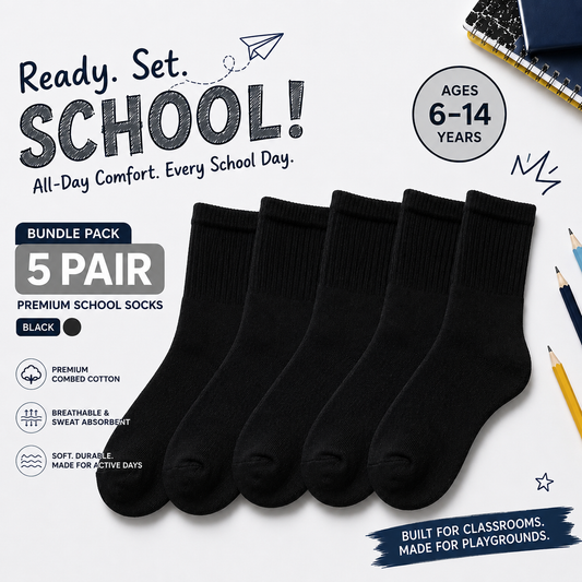 BASIQ School Socks — 5 Pair Bundle | black | Ages 6–14