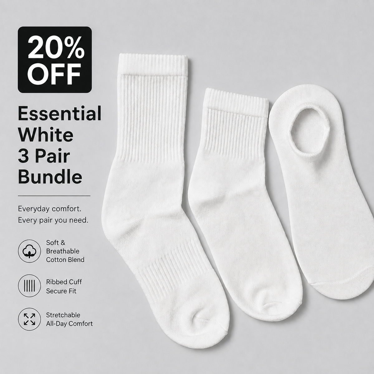 BASIQ Essential White Socks – 3 Pair Bundle | 3 Lengths