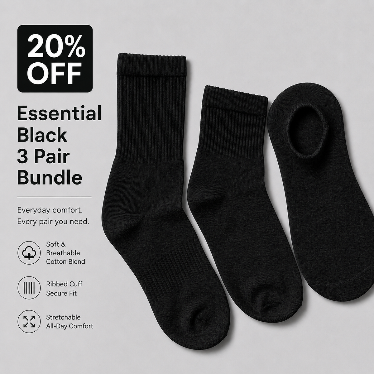 BASIQ Essential black Socks – 3 Pair Bundle | 3 Lengths