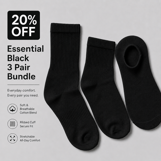 BASIQ Essential black Socks – 3 Pair Bundle | 3 Lengths