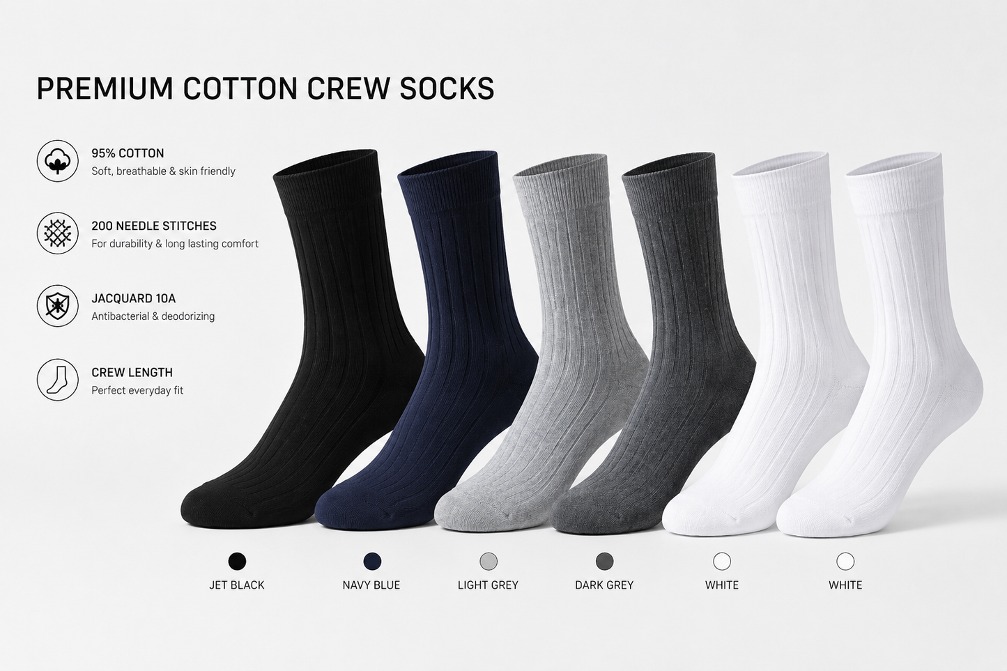 BASIQ™ Premium Ribbed Crew Socks – 95% Cotton | 10A Antibacterial | 200 Needle Knit - Black